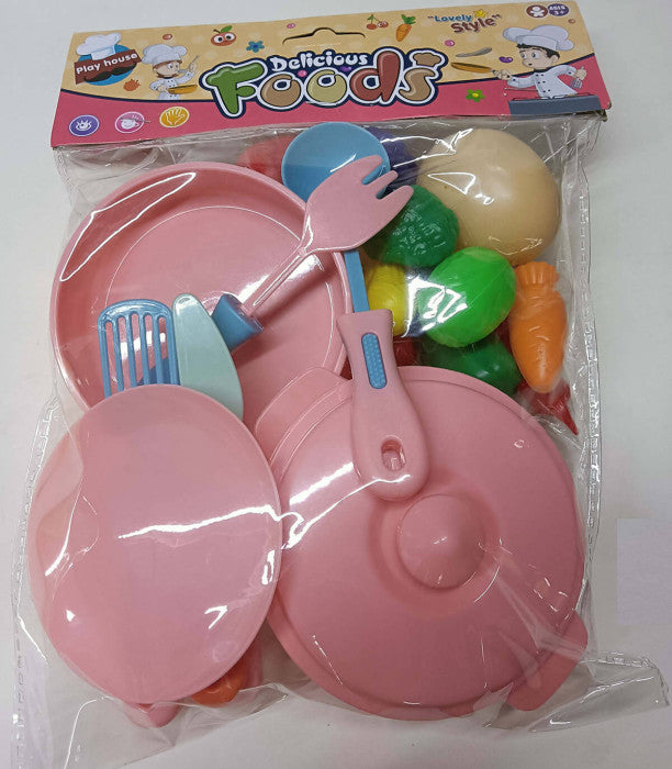 ДЕТСКИ КОМПЛЕКТ ТИГАН И ТЕНДЖЕРА С ПРОДУКТИ В ПЛИК 2 ЦВЯТА