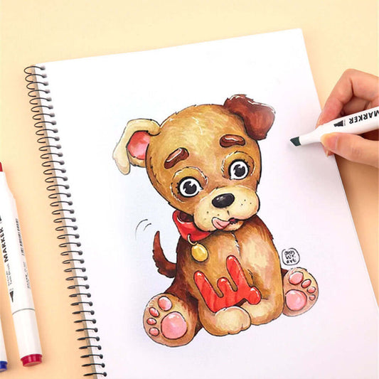 Cute illustration of a dog being colored with dual-tip alcohol markers on a sketchbook.