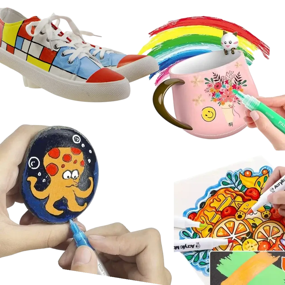 Colorful crafts using AODEMEI double-ended markers on shoes, a mug, painted rocks, and art paper.