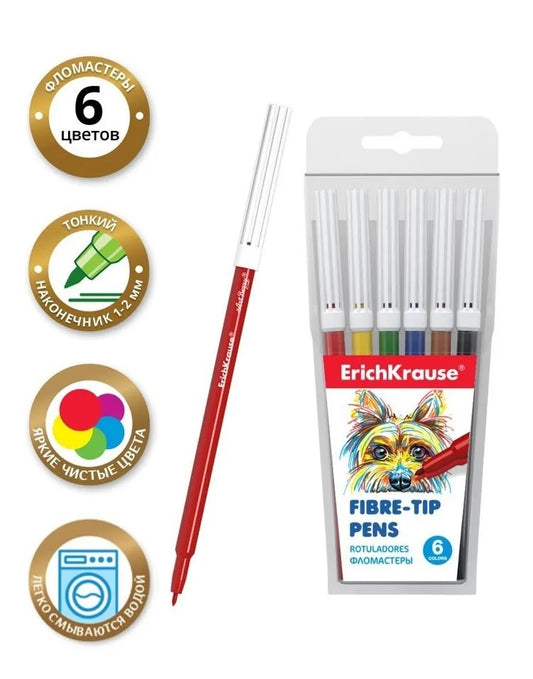 Флумастери ErichKrause® Washable 6 цвята (в PVC опаковка 6 бр.)